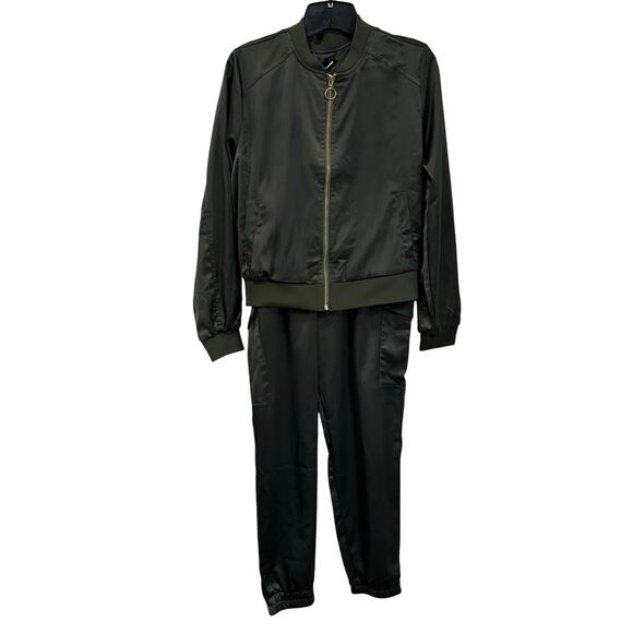 Fashion Nova Satin Bomber Jacket & Joggers Set Size M Olive Green - Picture 1 of 6